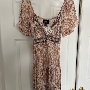 Angie Paisley Mini Dress in Cream and Brown